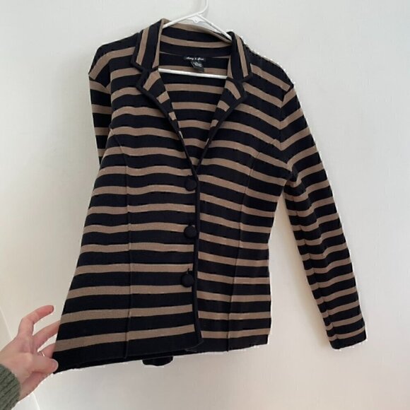 AUDREY & GRACE Brown Black Horizontal Striped Button 100% Cotton Sweater Blazer - Picture 6 of 13